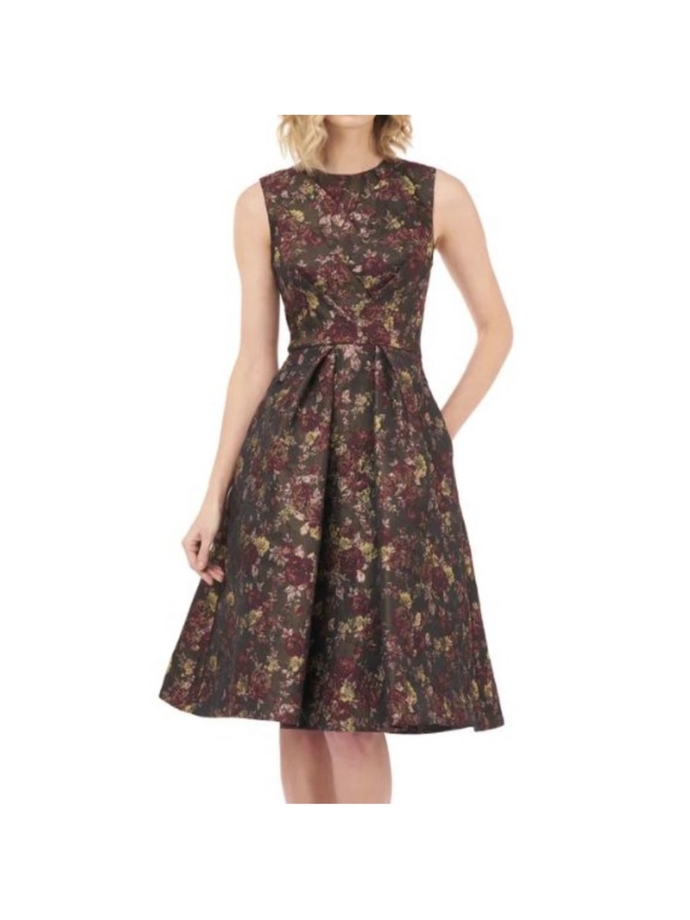 Kay Unger Burgundy brown metallic jacquard Floral Midi Dress